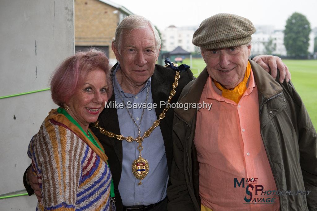 20170627-0059.jpg - Mayor of Maidstone - Malcolm Greer with Commentator Henry Blofeld and Valeria Blofeld at Lashings All Stars vs House Of Commons & Lords, 26th June 2017 Grenfell Tower Fundraising Cricket Event at Latymer Upper School Playing Fields, London.