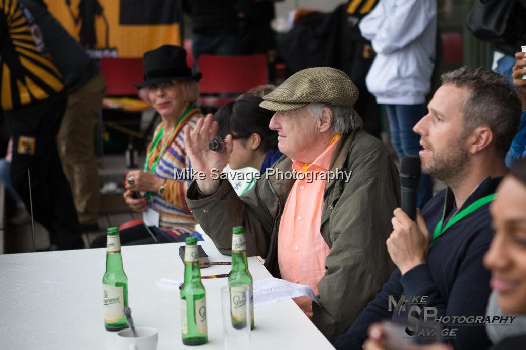 20170627-0570.jpg - Commentators Henry Blofeld and Max Rushden at Lashings All Stars vs House Of Commons & Lords, 26th June 2017 Grenfell Tower Fundraising Cricket Event at Latymer Upper School Playing Fields, London.